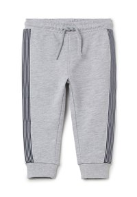 Grijze sweatpants met een verstelbare tailleband, taps toelopende boorden en verticale marineblauwe strepen aan de zijkanten. Gemaakt van zachte, gestructureerde stof.
