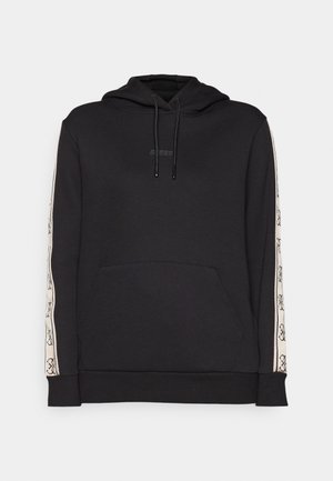 Sweat à capuche noir en mélange de coton, avec une poche frontale, des cordons de serrage ajustables et des rayures blanches à motifs sur les côtés.