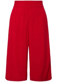 Rode, wijde culottes van soepel materiaal, met een elastische tailleband en zijsplitten voor gemak in beweging. Geen zichtbare patronen of hardware.