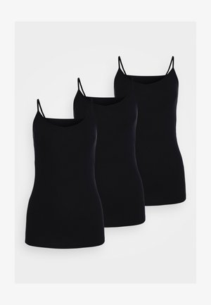 Trzy czarne kamizelki wykonane z rozciągliwej tkaniny; posiadają cienkie regulowane ramiączka oraz dopasowany krój o gładkiej fakturze.