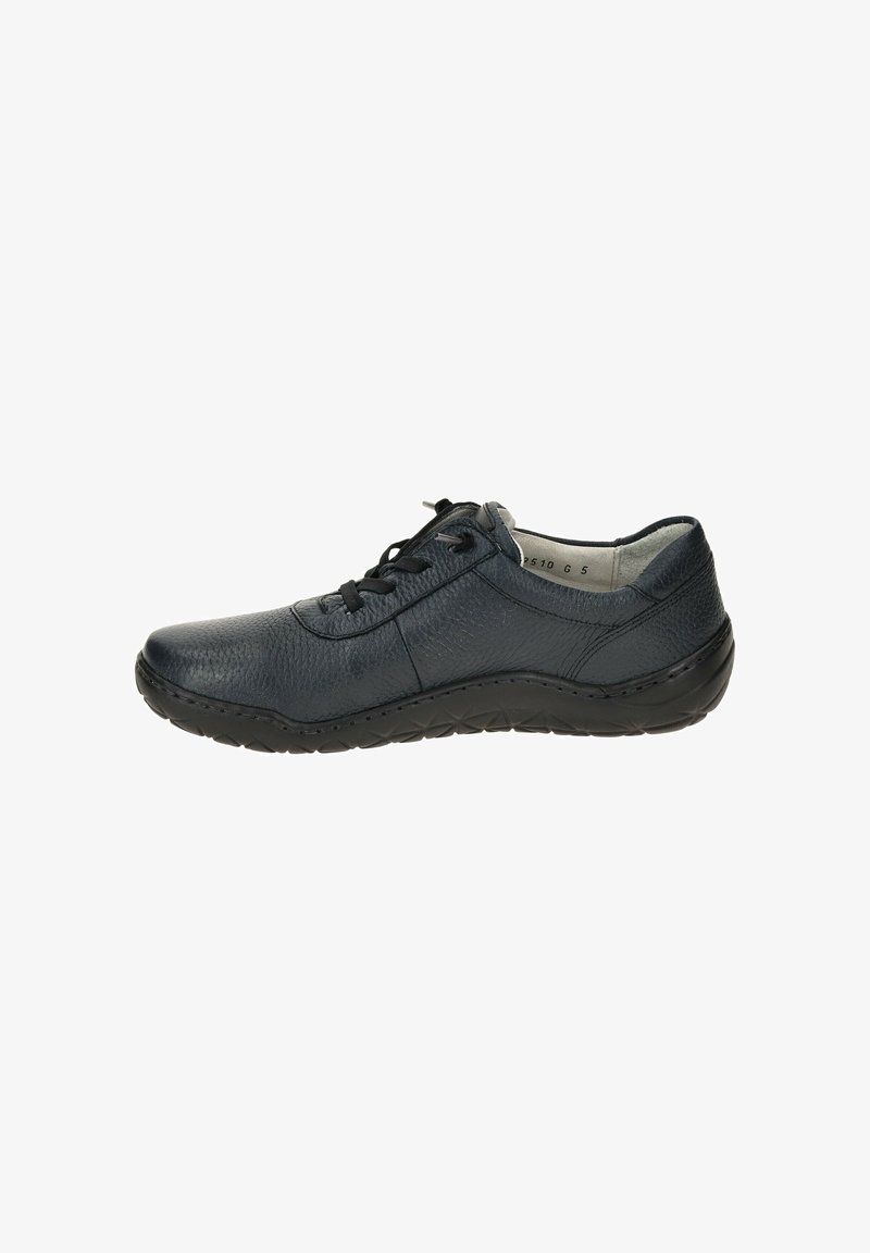Black leather lace-up shoes with a textured surface, rounded toe, and low-profile black rubber sole. Features stitching accents on the sides.