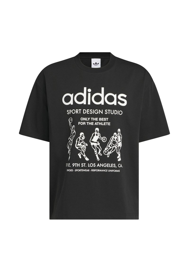 Black cotton t-shirt featuring white printed graphics of athletes, "adidas SPORT DESIGN STUDIO," and text details at the bottom.