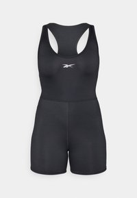 Čierny športový body s priliehavým strihom, vyrobený z hladkého materiálu, s pretekárskym strihom na chrbte a malým bielym logom na hrudi.