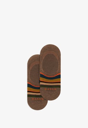 Calzini alla caviglia in cotone marrone con strisce multicolori in arancione, verde, blu e beige, con la scritta "GALLO" stampata in arancione sulla punta.