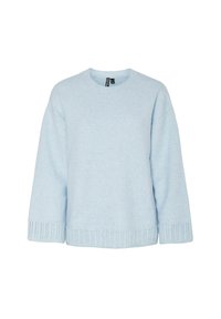 Jasnoniebieski sweter wykonany z miękkiego materiału, z okrągłym dekoltem, opadającymi ramionami oraz ściągaczem na dole z drobnymi detalami wzdłuż krawędzi.