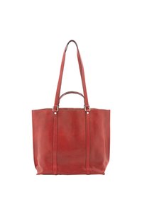 Borsa tote in pelle rossa con due manici lunghi, caratterizzata da una forma rettangolare strutturata e dettagli di cucitura minimi, texture liscia.