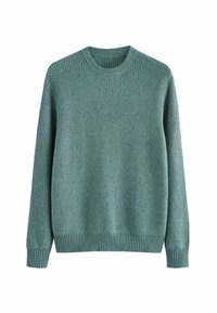 Rippstrickpullover in Türkis, mit Rundhalsausschnitt, langen Ärmeln und strukturiertem Stoff. Einfaches Design mit lockerer Passform.