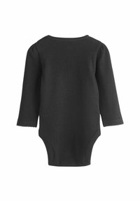 Czarny prążkowany bodysuit z długim rękawem, z okrągłym dekoltem i falbankami na rękawach, wykonany z miękkiego, teksturowanego materiału.