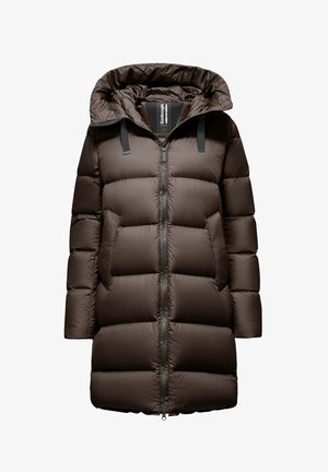 Long dark brown padded winter coat with hood, front zipper, side pockets, and black drawstrings on the hood.