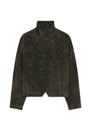 Veste en daim vert foncé avec col montant, boutonnage croisé, ourlet asymétrique et manches longues.