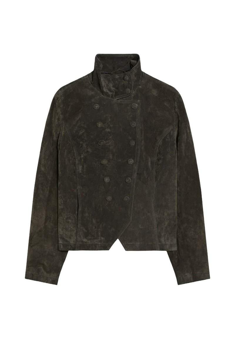 Veste en daim vert foncé avec col montant, boutonnage croisé, ourlet asymétrique et manches longues.