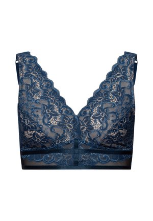 Navy lace bralette met een V-hals, gegolfde randen en een doorschijnende onderband. Bloemig kantpatroon met delicate details overal.