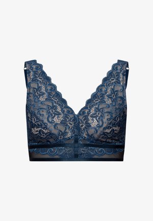 Marineblaue Spitze Bralette mit V-Ausschnitt, gewellten Kanten und einem transparenten Unterband. Florales Spitzenmuster mit filigranen Details.