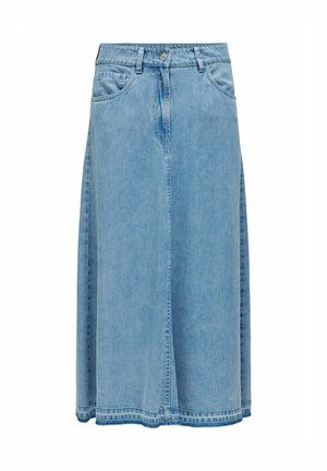 Light blue denim midi skirt with front button and zip closure, belt loops, and side slit detailing.