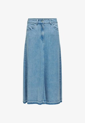Light blue denim midi skirt with front button and zip closure, belt loops, and side slit detailing.