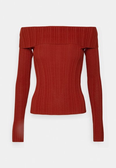 Off-the-shoulder, ribbed knit top in brick red, featuring long sleeves and a fitted silhouette with horizontal texture.