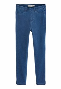 Leggings en jean bleu avec une texture lisse, coupe slim, design à cinq poches, passants pour ceinture et détails de couture minimaux.