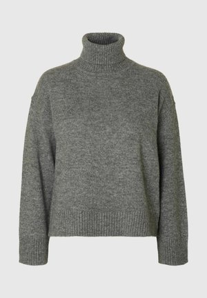 Szary sweter z golfem wykonany z miękkiego, teksturowanego materiału o luźnym kroju. Posiada prążkowany kołnierz, mankiety i dół. Prosty design.