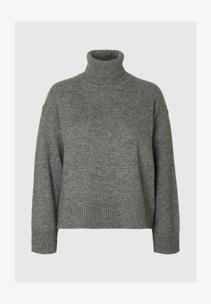 Šedý rolák vyrobený z měkkého, strukturovaného materiálu s volným střihem. Má ribované límce, manžety a lem. Jednoduchý design.