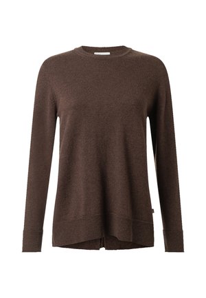 Brun strikket sweater med lange ærmer, rund halsudskæring og ribkanten ved ærmer og bund, let længere bagpå.