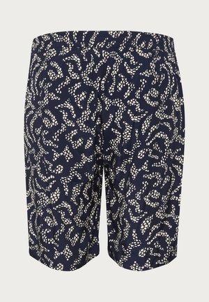 Pantaloni shorts blu navy con un motivo astratto bianco, vita elastica e vestibilità ampia. Il materiale sembra leggero e liscio al tatto.