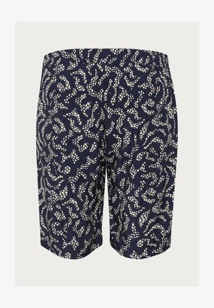 Shorts bleumarin cu un model abstract alb, talie elastică și croi lejer. Materialul pare a fi ușor și neted la atingere.