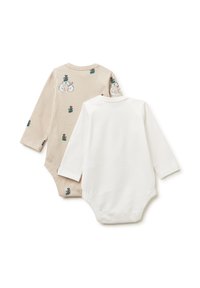 Dos bodies de manga larga: uno beige con bordados de animales y plantas, y otro blanco. Ambos presentan un material de algodón suave y cierres a presión.
