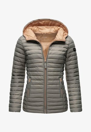 Szürke puffernadrág barack színű béléssel, vízszintes steppeléssel, cipzáros elülső résszel, két oldalsó zsebbel és levehető kapucnival.