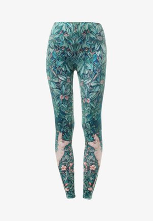 Legíny s potiskem zeleného listu a květinovými akcenty, se dvěma ilustrovanými králíky. Vyrobeno z elastického materiálu, těsně přiléhající design.