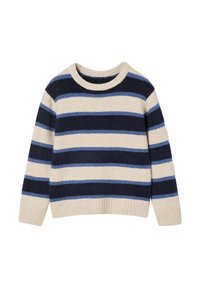 Gestreifter Pullover mit marineblauen und hellblauen Streifen auf cremefarbenem Hintergrund. Gerippter Ausschnitt und Bündchen, weicher Textilstoff.