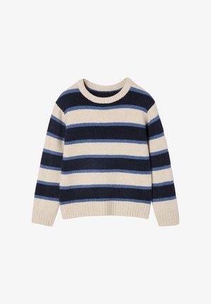 Gestreifter Pullover mit marineblauen und hellblauen Streifen auf cremefarbenem Hintergrund. Gerippter Ausschnitt und Bündchen, weicher Textilstoff.