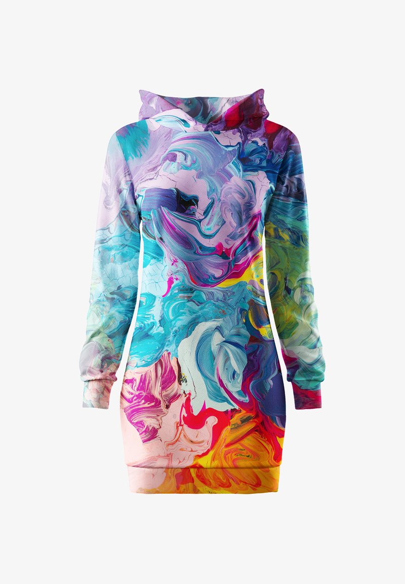 Haljina s kapuljačom koja sadrži višebojni apstraktni uzorak s vrtložnim motivima u plavoj, ružičastoj, žutoj i ljubičastoj boji. Elastični materijal s mekanom teksturom.