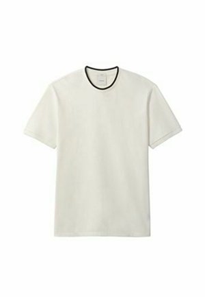 T-shirt blanc à manches courtes avec un liseré noir autour du col rond, présenté à plat sur fond blanc.