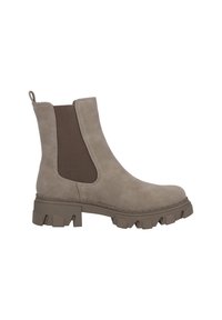 Botas de tobillo de ante beige con paneles laterales elásticos, suela de goma gruesa y acentos marrones contrastantes, con costuras detalladas a lo largo de los bordes.