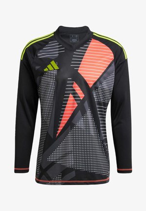Schwarzes Langarmtrikot mit geometrischen Mustern in Grau, Rot und Limettengrün. Verfügt über eine Mesh-Textur und kontrastierende Nähte. Adidas-Logo sichtbar.
