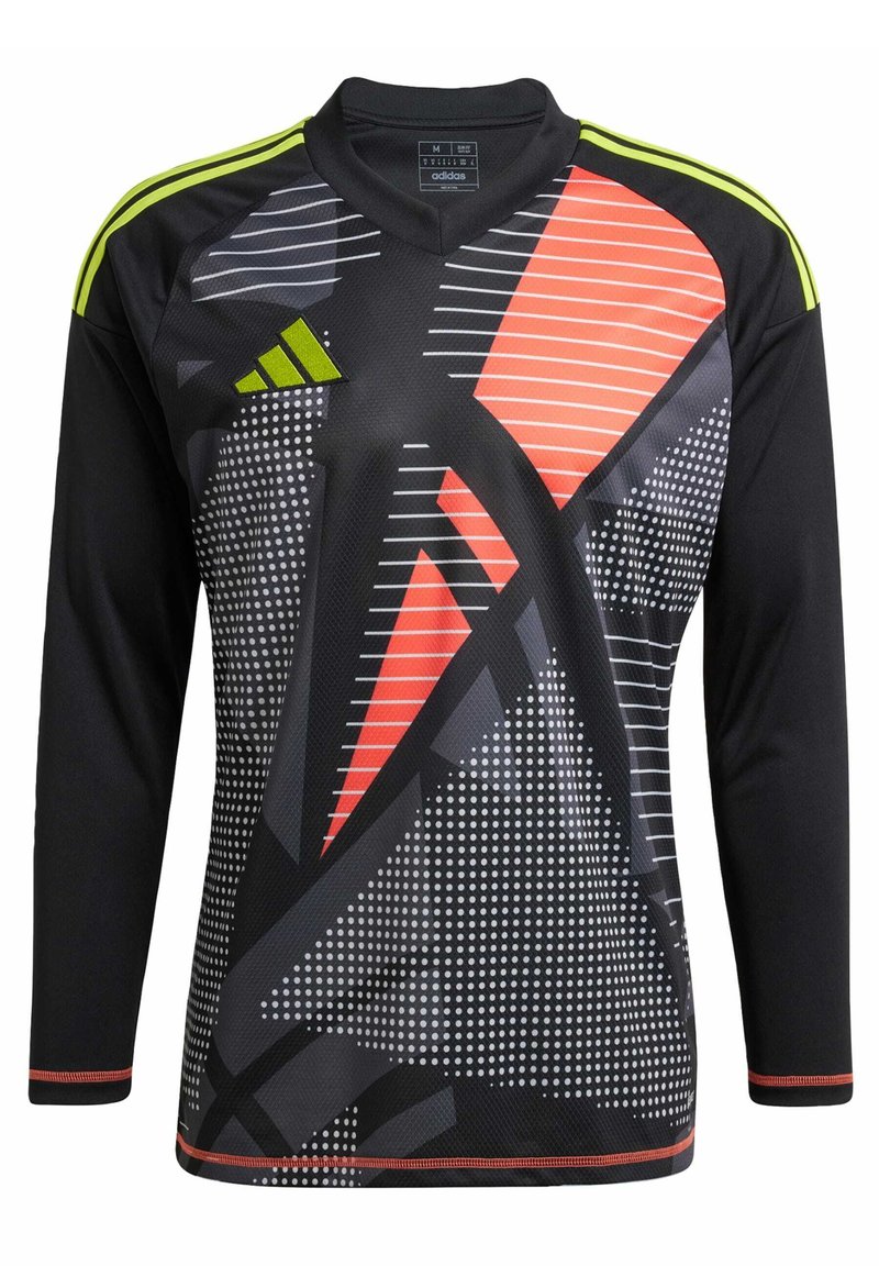 Jersey negro de manga larga con patrones geométricos en gris, rojo y verde lima. Presenta una textura de malla y costuras contrastantes. Logo de Adidas mostrado.
