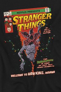 Stranger Things comic book cover with Demogorgon monster, character faces, Christmas lights, and text welcoming to Hawkins, Indiana.