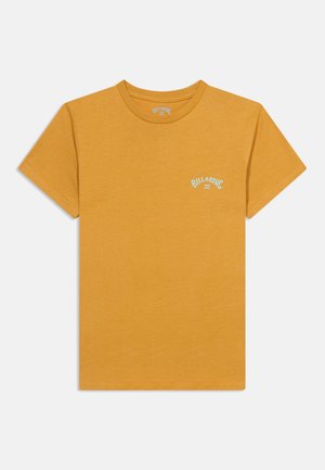 Mustard yellow short-sleeve T-shirt with small white "Billabong" logo on the left chest.