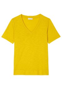 Gul kortærmet t-shirt med V-hals, der har et blødt, tekstureret stof og en afslappet pasform.