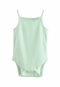Ljusgrön ärmlös bodysuit med ett texturerat mönster, med rundad halsringning och tryckknappar nedtill för enkel av- och påklädning.
