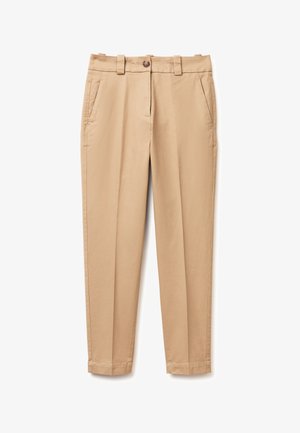 Pantalones beige personalizados con trabillas, bolsillos laterales, cierre frontal con botones y dobladillo estructurado sobre fondo blanco.