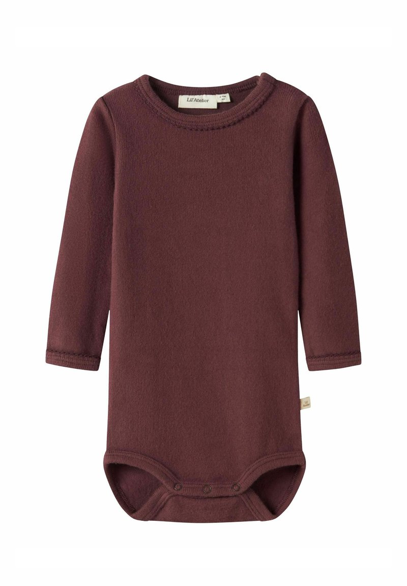 Burgundowy bodysuit dla niemowląt wykonany z miękkiego materiału, z długimi rękawami, prążkowanym okrągłym dekoltem oraz zapięciem na zatrzaski na dole.