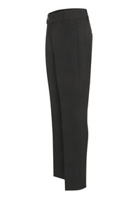 Pantalon noir sur mesure avec devant plat, poches latérales, passants de ceinture et coupe droite, présenté sur fond blanc.