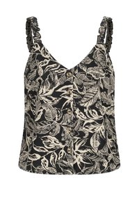 Haut noir sans manches à boutons avec motif botanique de feuilles beige et bretelles froncées.