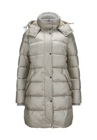 Padded Parkajacke in silbergrau, mit hohem Kragen, abnehmbarer Kapuze, Vorderknöpfen, seitlichen Taschen und gerippten grauen Strickbündchen.
