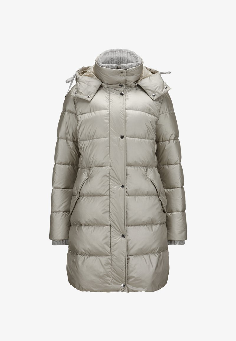 Padded Parkajacke in silbergrau, mit hohem Kragen, abnehmbarer Kapuze, Vorderknöpfen, seitlichen Taschen und gerippten grauen Strickbündchen.