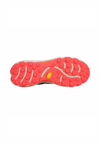 Suela Vibram que presenta un caucho de color rosa brillante con patrones de tracción, una entresuela de color gris claro y una marca en el centro. Superficie texturizada para un mejor agarre.