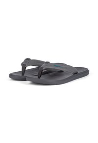 Graue Flip-Flops mit einem strukturierten, synthetischen Riemen, ausgestattet mit einer Gummisohle und einem gepolsterten Fußbett. Minimalistisches Design mit einem Logo-Akzent.