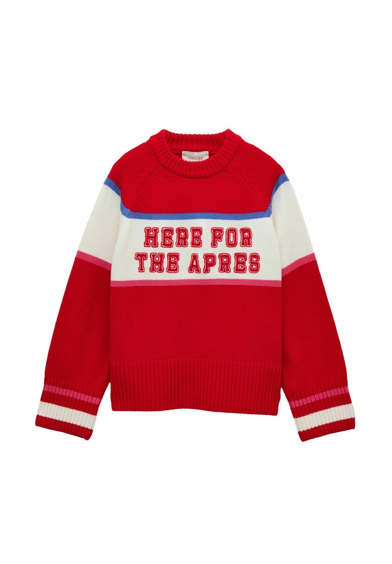 Red knit sweater featuring a round neckline, bold "HERE FOR THE APRES" text, and horizontal color-block stripes in blue, pink, and white.