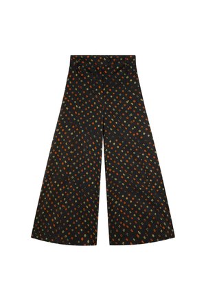 Pantalones de pierna ancha en tela negra con un patrón geométrico en todo, en formas naranjas, verdes y amarillas. Textura suave, cintura alta.